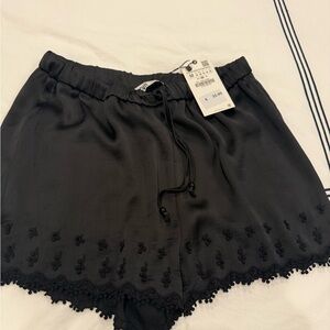 Black Embroidered Silk-Ish Shorts